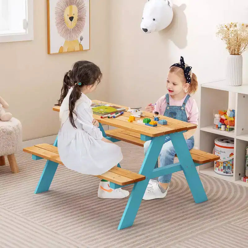 Costway Kids Picnic Table Set Children Outdoor Wooden Table with Bench Seats Backyard