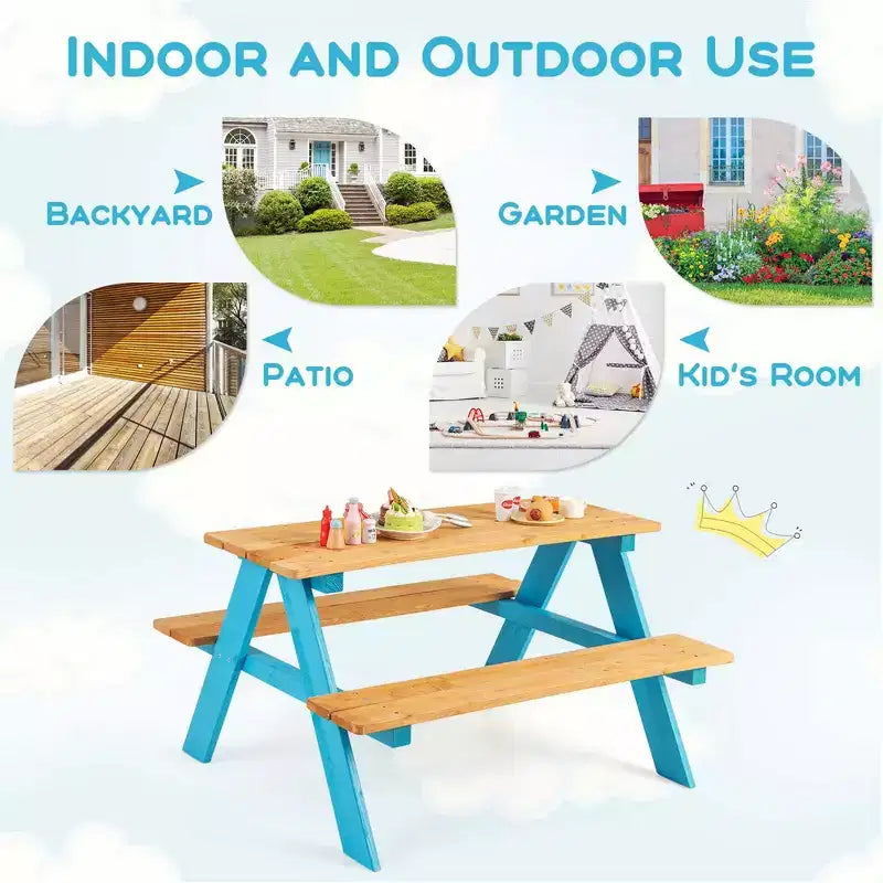 Costway Kids Picnic Table Set Children Outdoor Wooden Table with Bench Seats Backyard