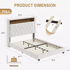 Struttura letto Whizmax in velluto con testiera contenitore, testiera ad ala con borchie, supporti a doghe in legno, bianco sporco