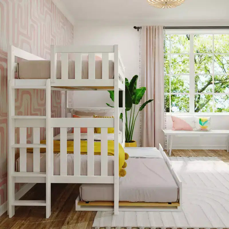 Max & Lily Bunk Bed with Ladder on End and Trundle, Twin-Over-Twin Bed Frame for Kids
