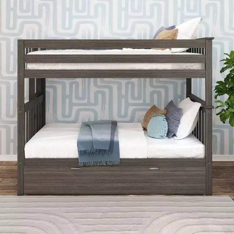 Max & Lily Bunk Bed with Ladder on End and Trundle, Twin-Over-Twin Bed Frame for Kids
