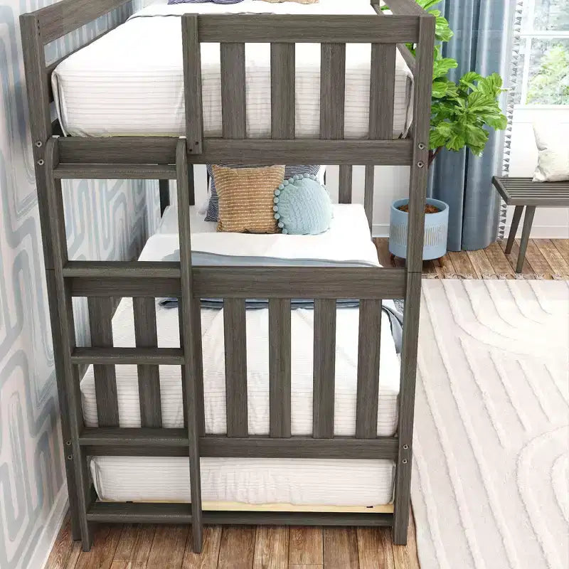 Max & Lily Bunk Bed with Ladder on End and Trundle, Twin-Over-Twin Bed Frame for Kids