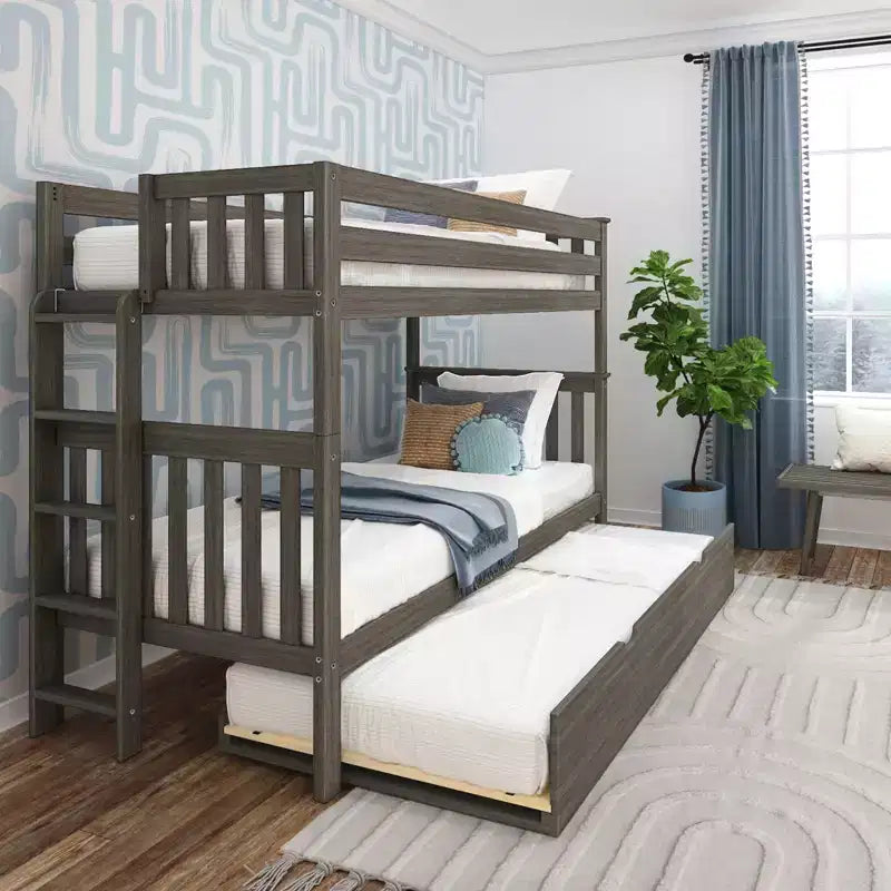 Max & Lily Bunk Bed with Ladder on End and Trundle, Twin-Over-Twin Bed Frame for Kids