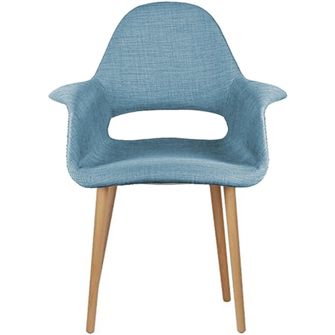 Poltrona moderna imbottita in tessuto organico con gambe in legno naturale per sala da pranzo, ufficio o come sedia laterale per salotto