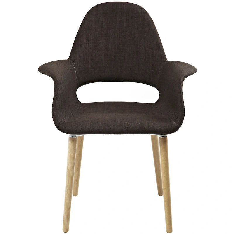 Poltrona moderna imbottita in tessuto organico con gambe in legno naturale per sala da pranzo, ufficio o come sedia laterale per salotto