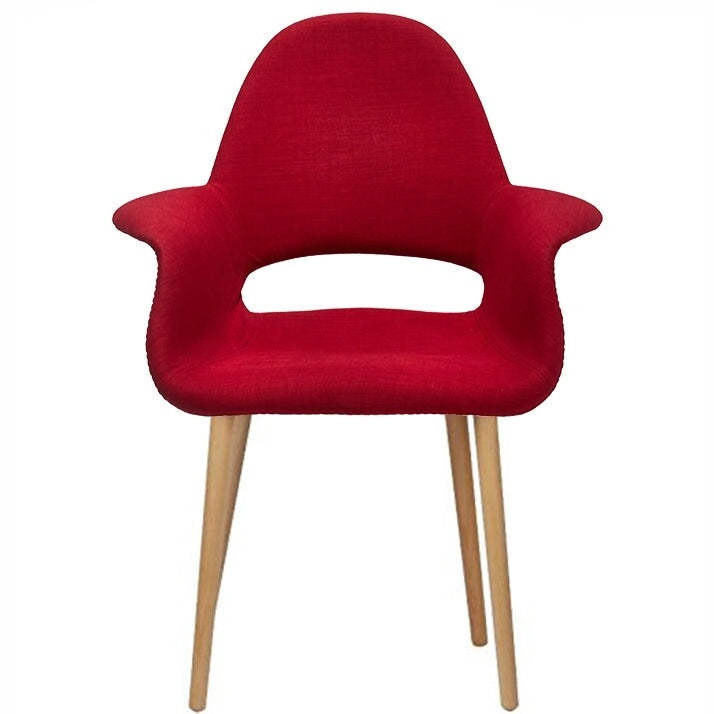 Poltrona moderna imbottita in tessuto organico con gambe in legno naturale per sala da pranzo, ufficio o come sedia laterale per salotto
