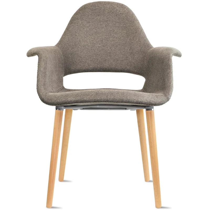 Poltrona moderna imbottita in tessuto organico con gambe in legno naturale per sala da pranzo, ufficio o come sedia laterale per salotto