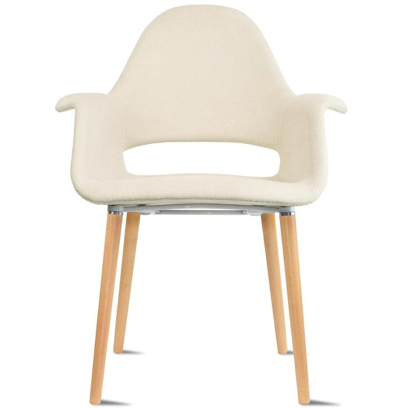 Poltrona moderna imbottita in tessuto organico con gambe in legno naturale per sala da pranzo, ufficio o come sedia laterale per salotto