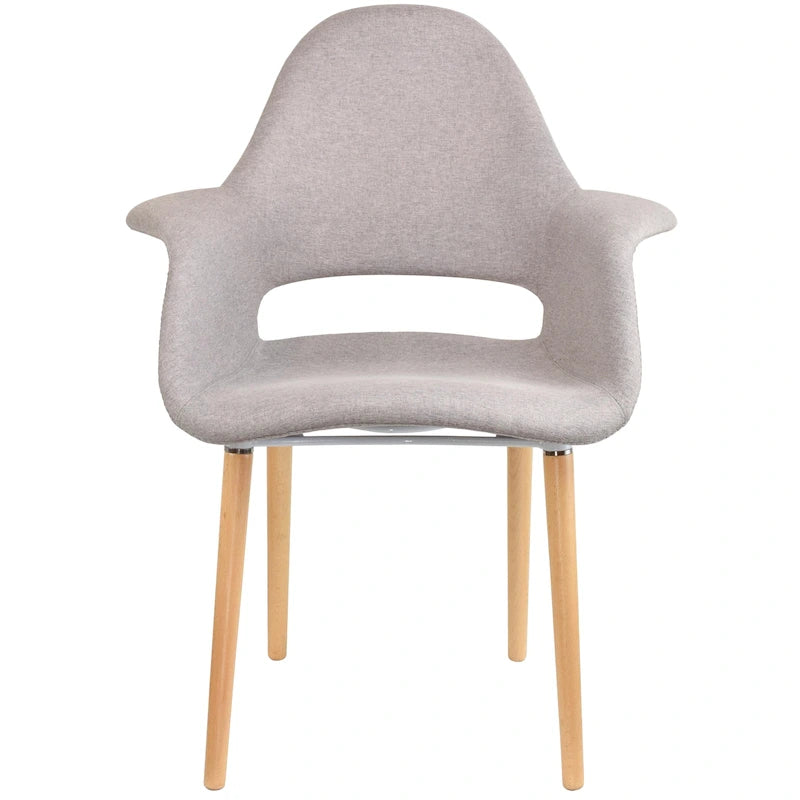 Poltrona moderna imbottita in tessuto organico con gambe in legno naturale per sala da pranzo, ufficio o come sedia laterale per salotto