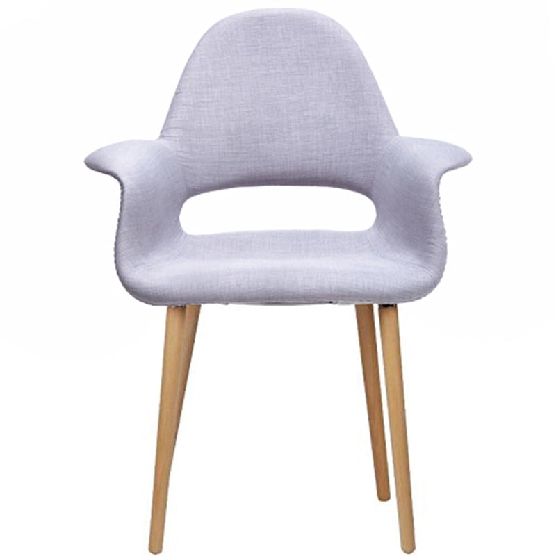 Poltrona moderna imbottita in tessuto organico con gambe in legno naturale per sala da pranzo, ufficio o come sedia laterale per salotto