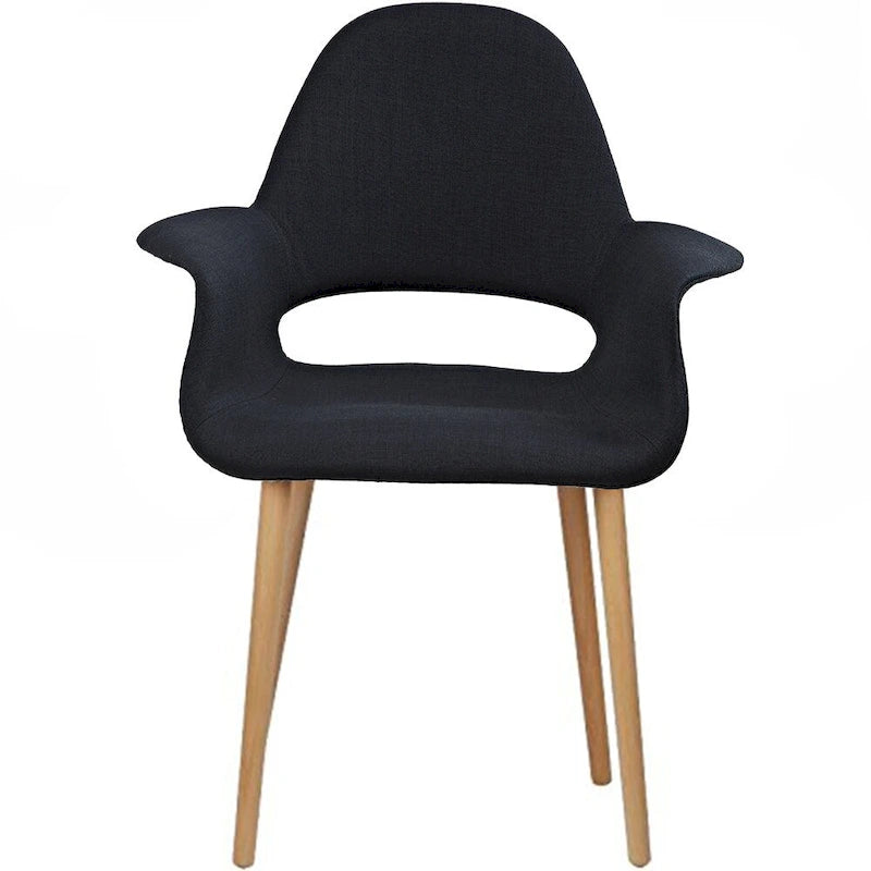Poltrona moderna imbottita in tessuto organico con gambe in legno naturale per sala da pranzo, ufficio o come sedia laterale per salotto