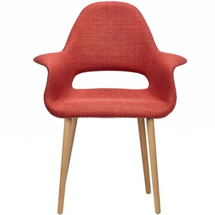 Poltrona moderna imbottita in tessuto organico con gambe in legno naturale per sala da pranzo, ufficio o come sedia laterale per salotto