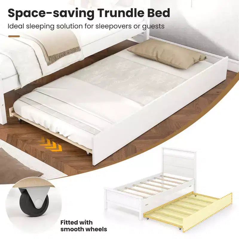 Costway Twin Size Platform Bed with Trundle Pull-out Trundle Headboard & Footboard Gray/White