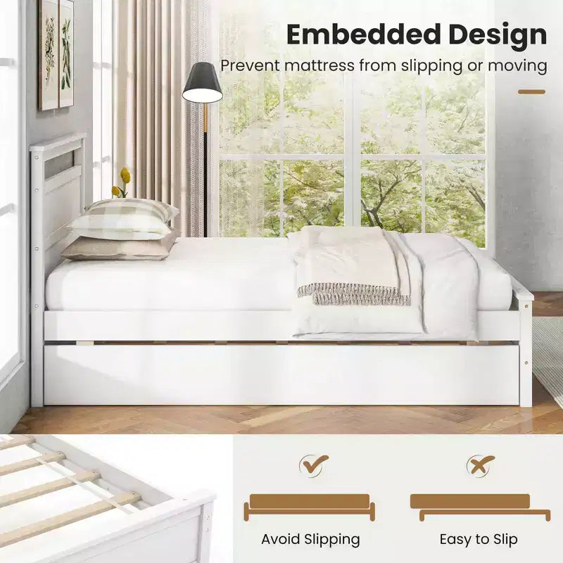 Costway Twin Size Platform Bed with Trundle Pull-out Trundle Headboard & Footboard Gray/White
