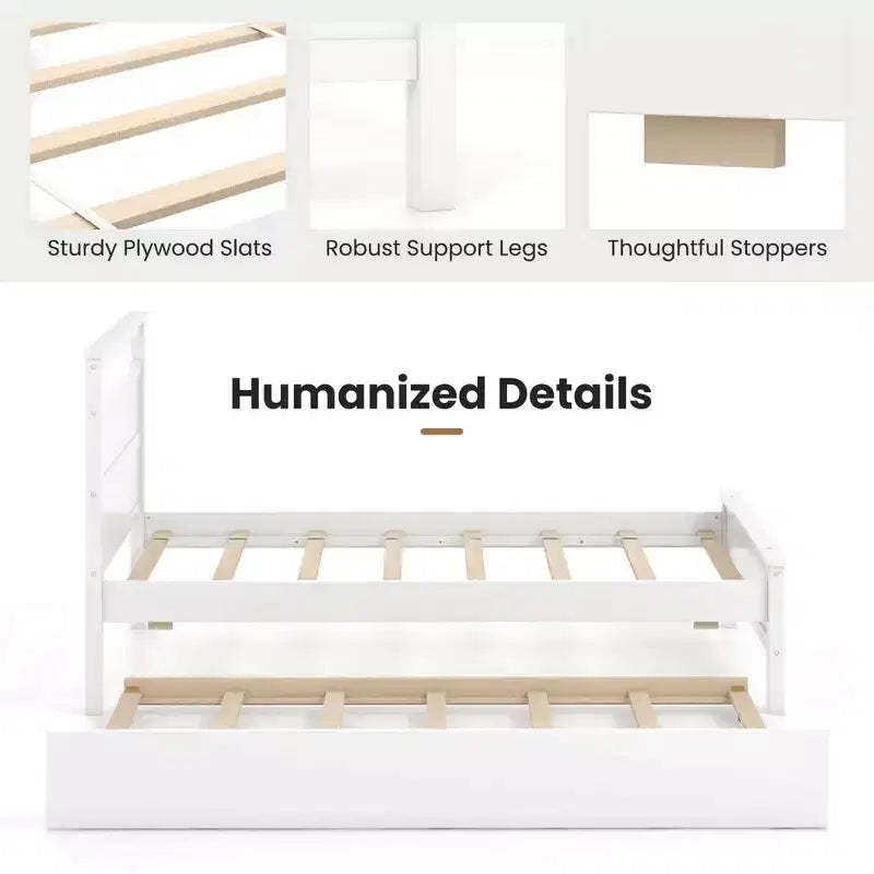 Costway Twin Size Platform Bed with Trundle Pull-out Trundle Headboard & Footboard Gray/White