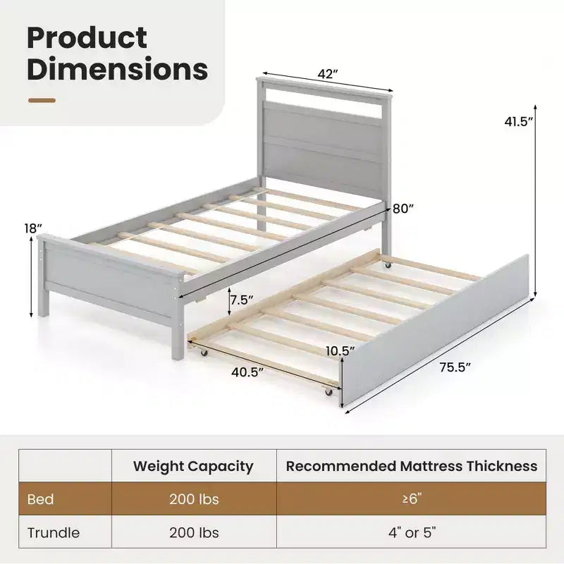 Costway Twin Size Platform Bed with Trundle Pull-out Trundle Headboard & Footboard Gray/White