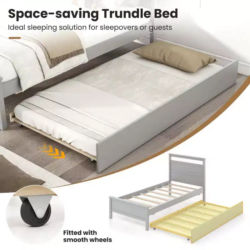 Costway Twin Size Platform Bed with Trundle Pull-out Trundle Headboard & Footboard Gray/White
