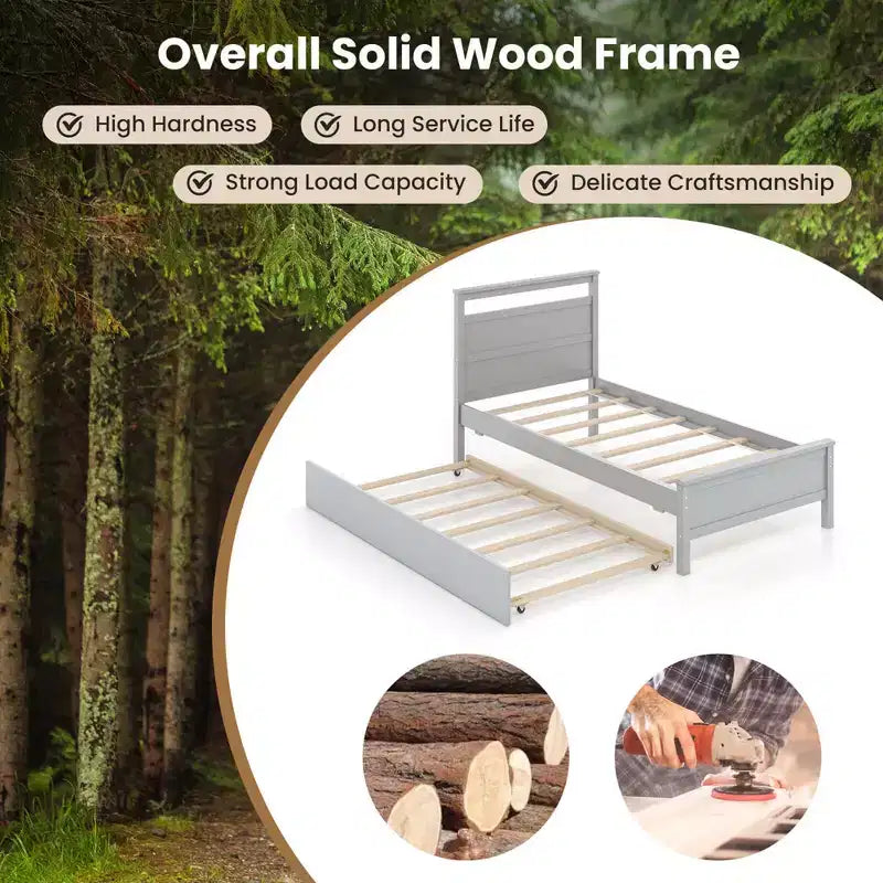 Costway Twin Size Platform Bed with Trundle Pull-out Trundle Headboard & Footboard Gray/White