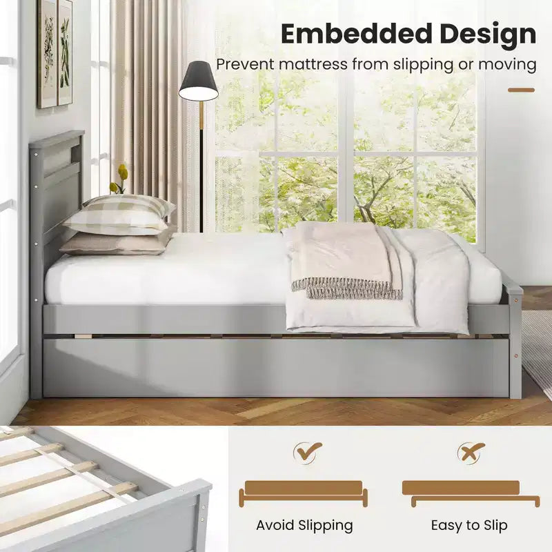 Costway Twin Size Platform Bed with Trundle Pull-out Trundle Headboard & Footboard Gray/White