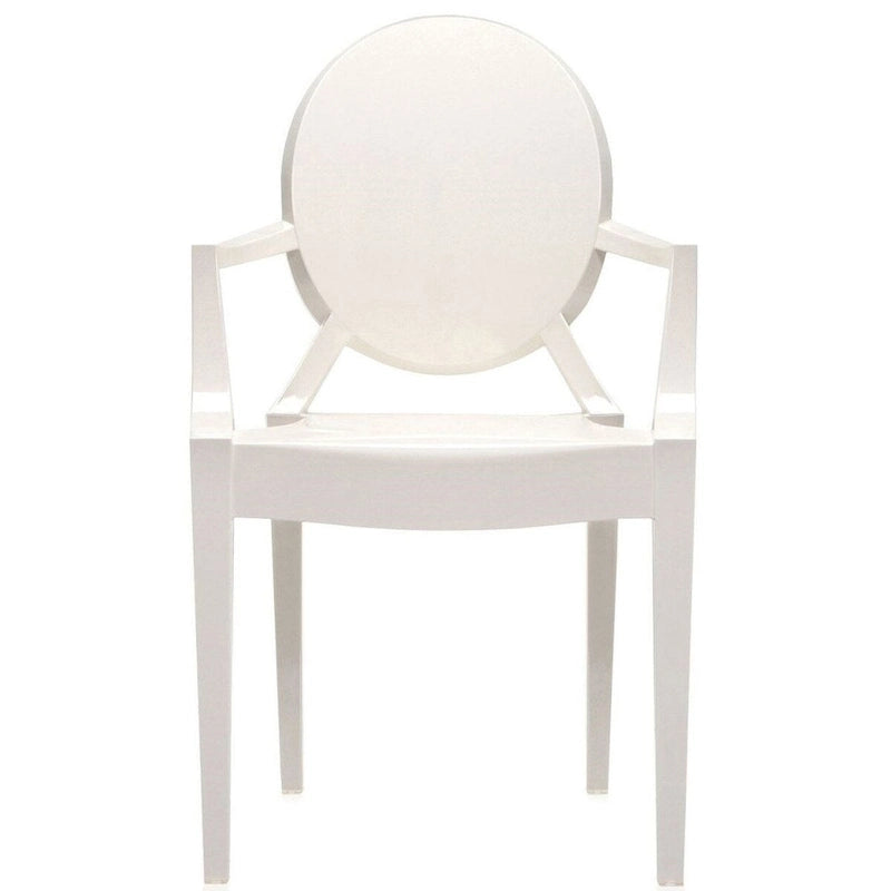Sedia da pranzo moderna in stile di design, in plastica trasparente stampata, cristallina con braccioli, per interni ed esterni