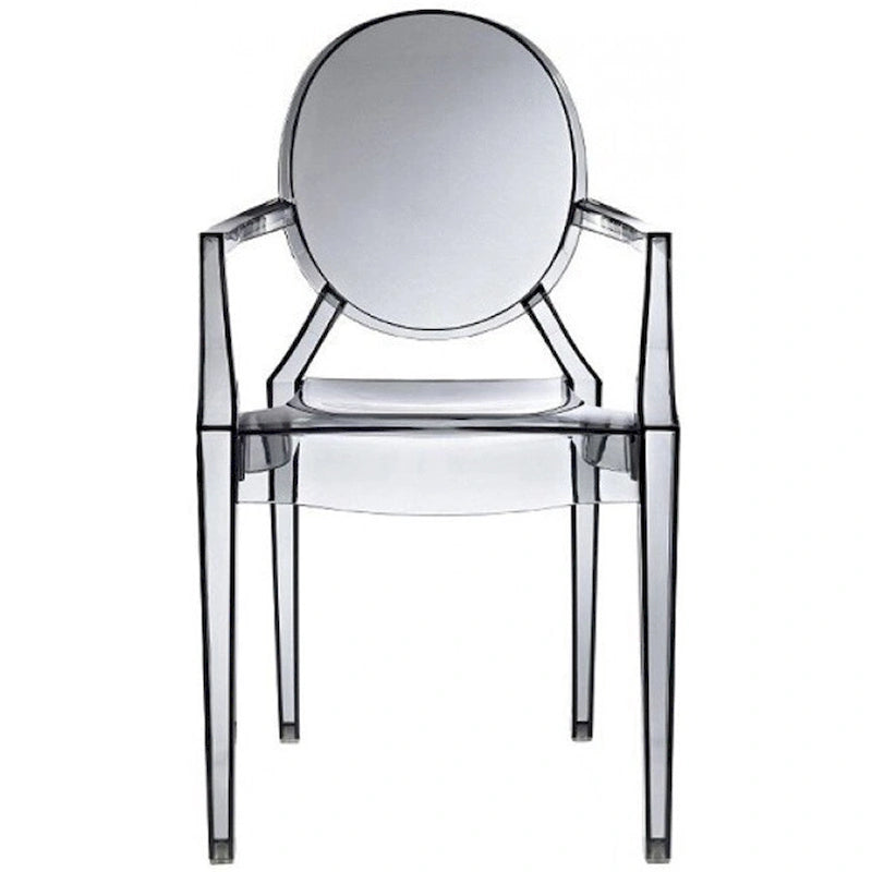 Sedia da pranzo moderna in stile di design, in plastica trasparente stampata, cristallina con braccioli, per interni ed esterni