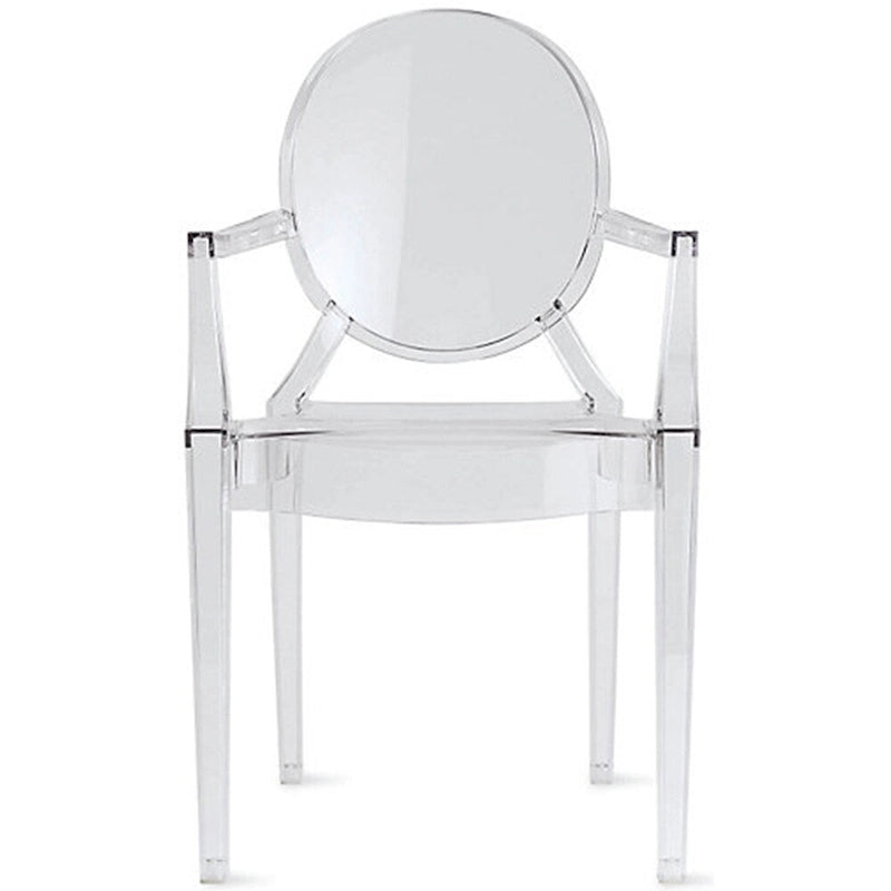 Sedia da pranzo moderna in stile di design, in plastica trasparente stampata, cristallina con braccioli, per interni ed esterni