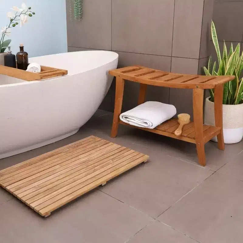 Nordic Teak 30 Asian Style Shower Bench with Shelf - Beige