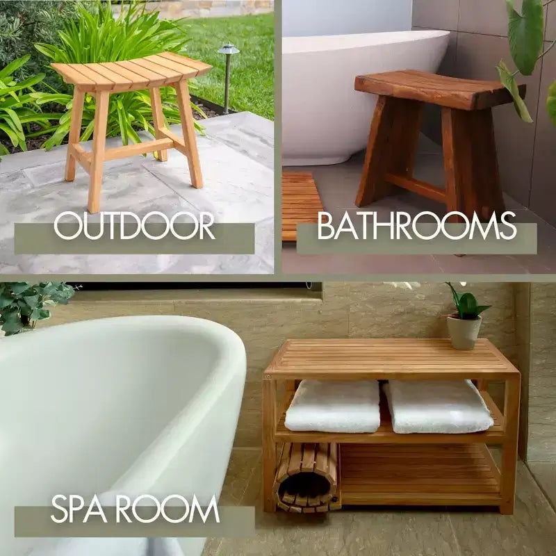 Nordic Teak 30 Asian Style Shower Bench with Shelf - Beige