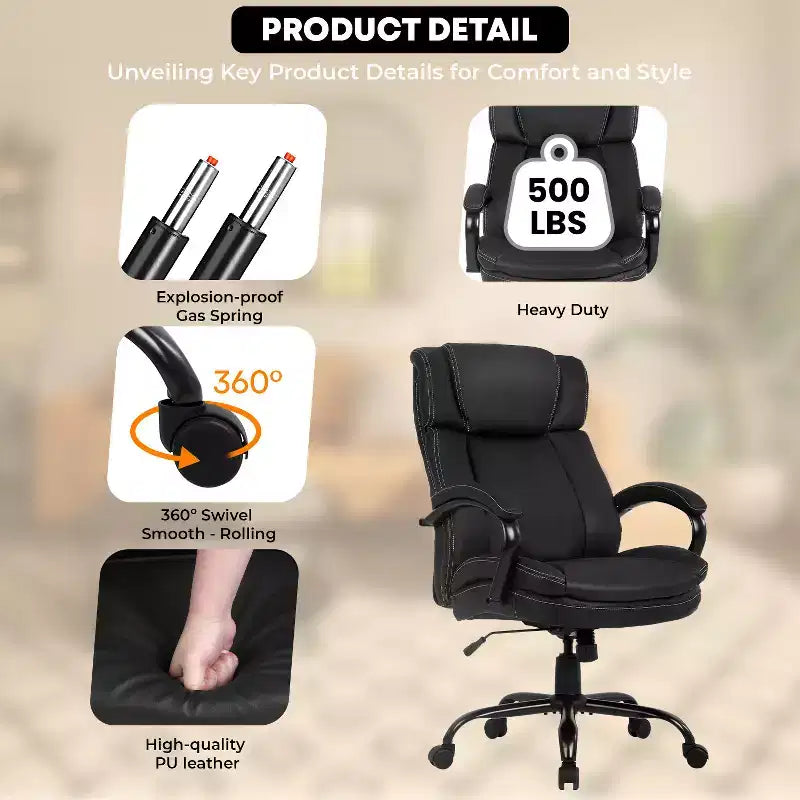 FDW Big and Tall Ergonomic Executive Office Chair 500lbs with Rolling Swivel Lumbar Support Adjustable Headrest for Heavy People, Black