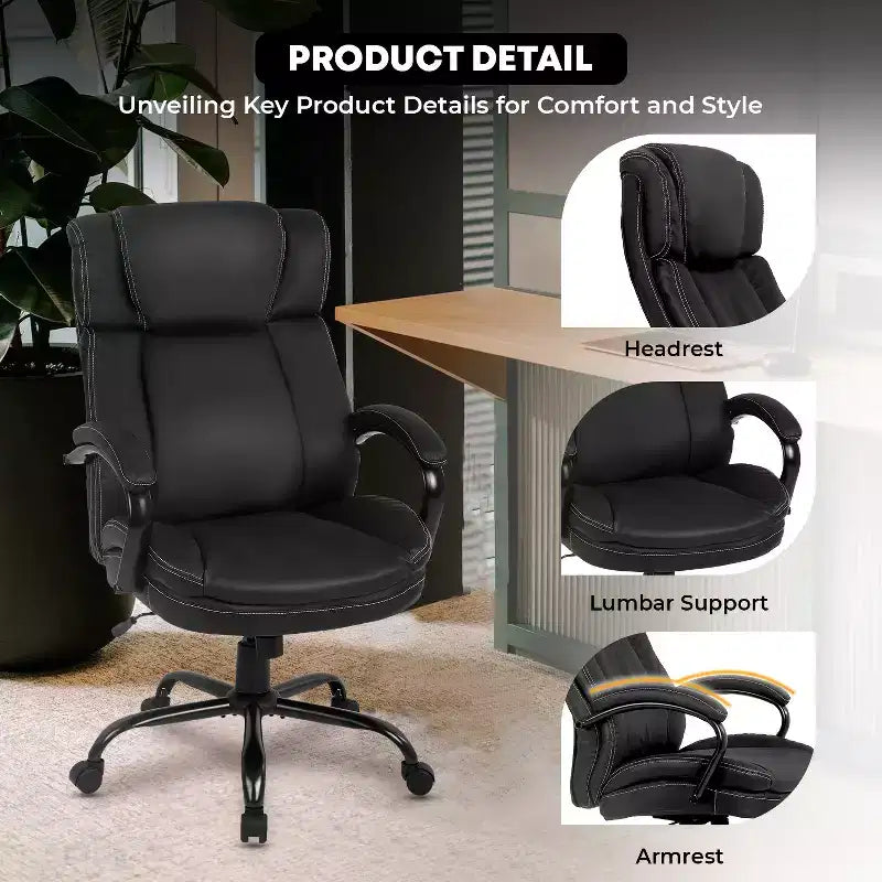 FDW Big and Tall Ergonomic Executive Office Chair 500lbs with Rolling Swivel Lumbar Support Adjustable Headrest for Heavy People, Black