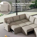 126W Convertible Sectional Sofa Couch Set, Pull-out Sleeper Sofa Bed with Charging Devices and Cup Holders 4S -ModernLuxe