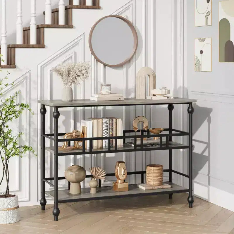 Garvee Console Table, 3-Tier Sofa Tables Narrow Entryway Table with Storage, 43 Behind Couch Table Industrial Hallway Table, Rustic Gray