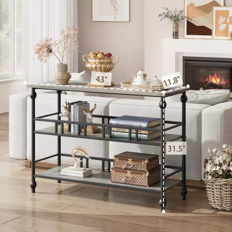 Garvee Console Table, 3-Tier Sofa Tables Narrow Entryway Table with Storage, 43 Behind Couch Table Industrial Hallway Table, Rustic Gray