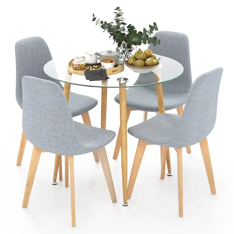 Gymax Set da Pranzo 5 Pezzi, Tavolo Rotondo in Vetro Temperato e 4 Sedie in Tessuto