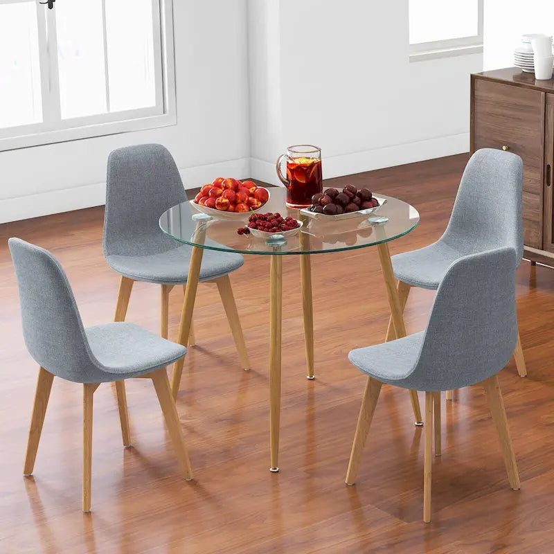 Gymax Set da Pranzo 5 Pezzi, Tavolo Rotondo in Vetro Temperato e 4 Sedie in Tessuto