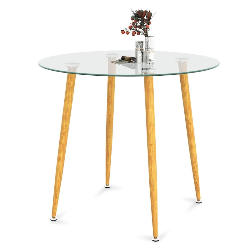 Gymax Set da Pranzo 5 Pezzi, Tavolo Rotondo in Vetro Temperato e 4 Sedie in Tessuto