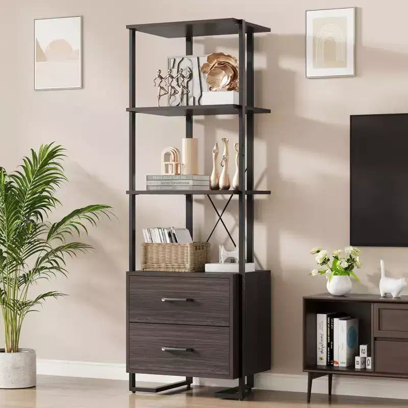 3 Tier Bookshelf with Storage Drawers,70.9 Inch Tall Industrial Book Shelf with Open Display Shelves,3 Shelf Bookcase with Metal Frame