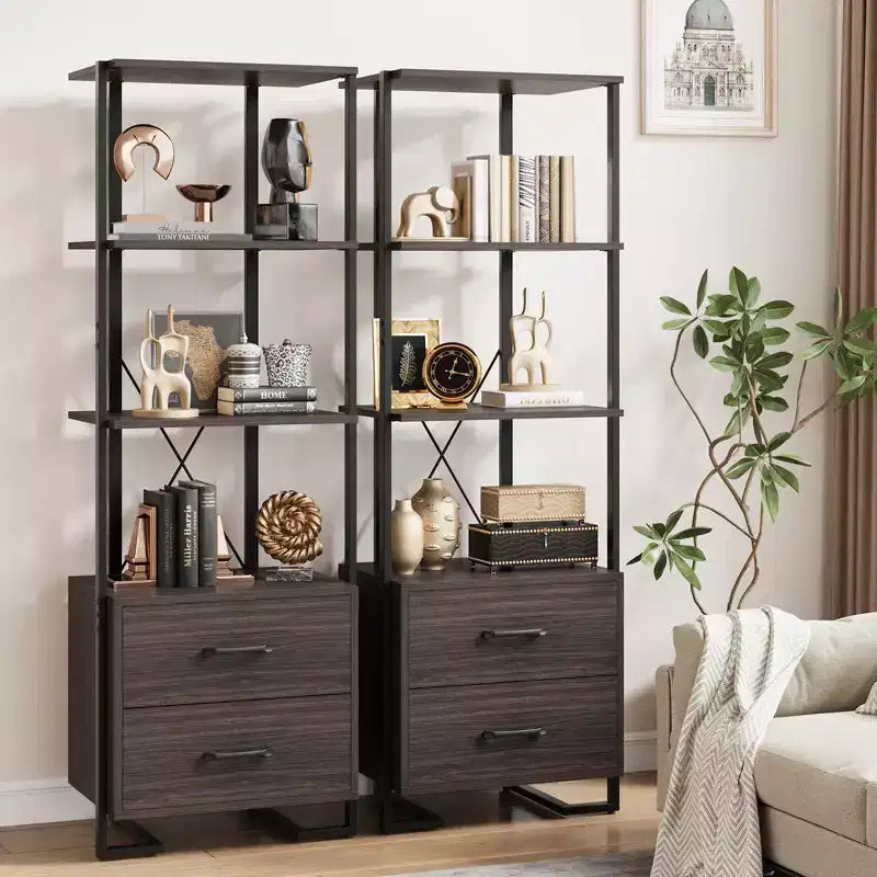 3 Tier Bookshelf with Storage Drawers,70.9 Inch Tall Industrial Book Shelf with Open Display Shelves,3 Shelf Bookcase with Metal Frame
