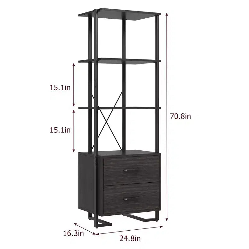 3 Tier Bookshelf with Storage Drawers,70.9 Inch Tall Industrial Book Shelf with Open Display Shelves,3 Shelf Bookcase with Metal Frame