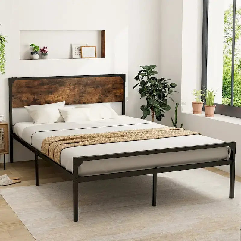Costway Platform Full/Queen Bed with Rustic Headboard & Footboard