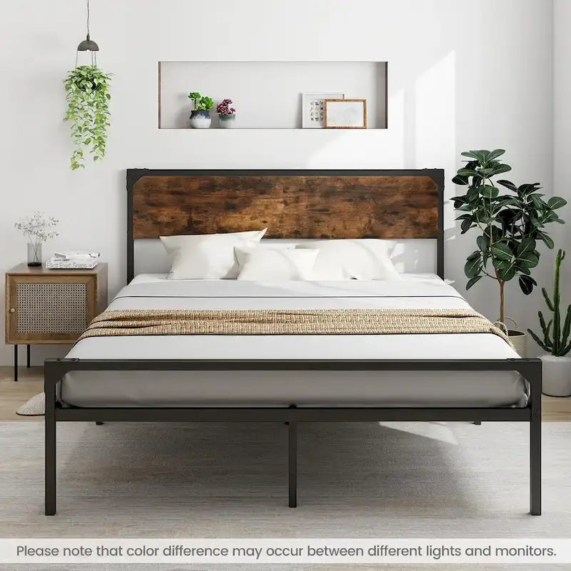 Costway Platform Full/Queen Bed with Rustic Headboard & Footboard