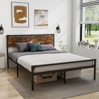 Costway Platform Full/Queen Bed with Rustic Headboard & Footboard