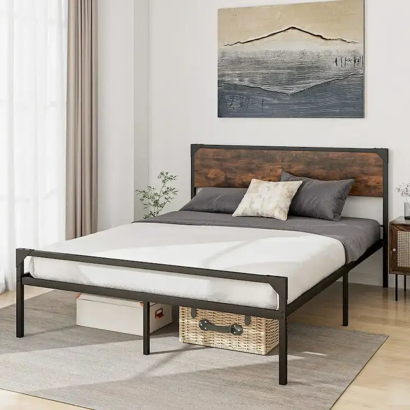 Costway Platform Full/Queen Bed with Rustic Headboard & Footboard