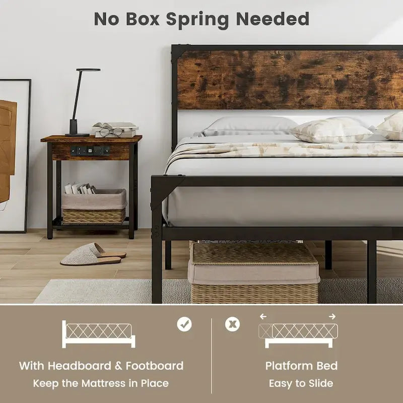 Costway Platform Full/Queen Bed with Rustic Headboard & Footboard