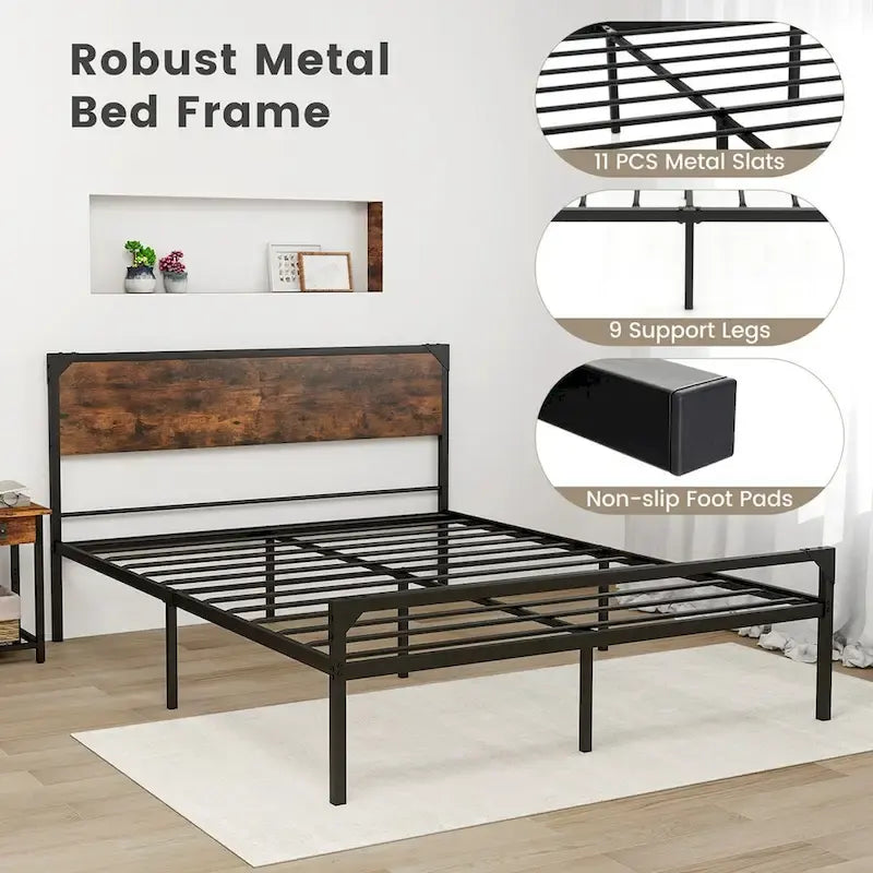 Costway Platform Full/Queen Bed with Rustic Headboard & Footboard