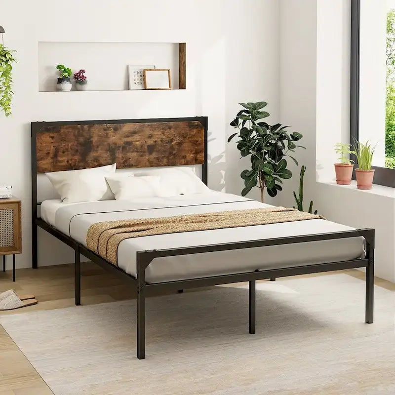 Costway Platform Full/Queen Bed with Rustic Headboard & Footboard