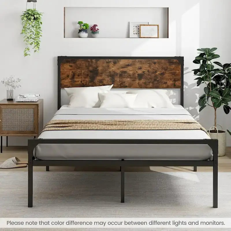 Costway Platform Full/Queen Bed with Rustic Headboard & Footboard