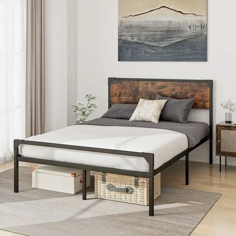 Costway Platform Full/Queen Bed with Rustic Headboard & Footboard