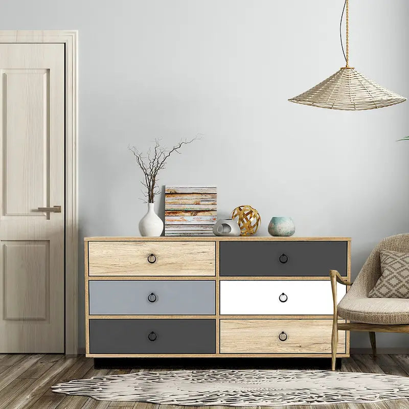 6-Drawer Double Dresser Storage Tower - Wood Finish