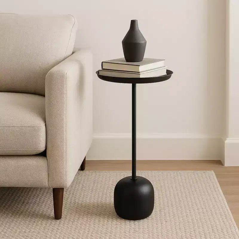 Sleek End Table, Side Table, or Small Table Stand for Home Decor - Metal Night Stand with Round Tray Top for Bedroom or Living Room Decor - 26 Black